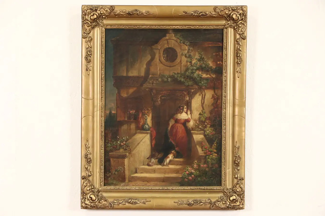 Main image of Eavesdropper, English 1850's Antique Original Oil Painting Garden Scene, Signed