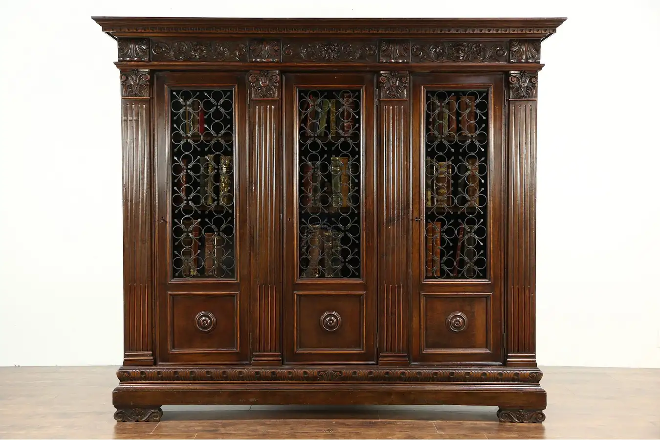 Main image of Renaissance Italian Antique 1890 Bookcase, Iron Grill Doors, Carved Lions