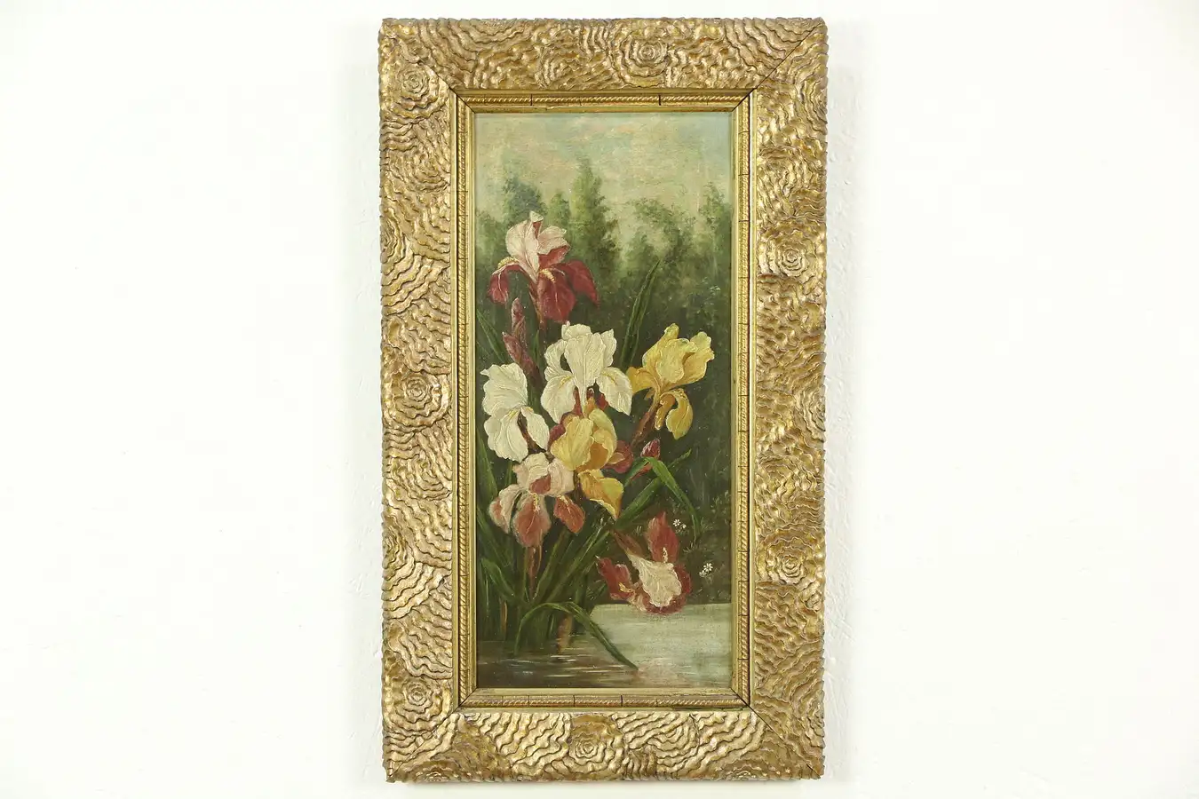 Main image of Iris Flowers Still Life 1900 Antique Original Oil Painting, Carved Frame