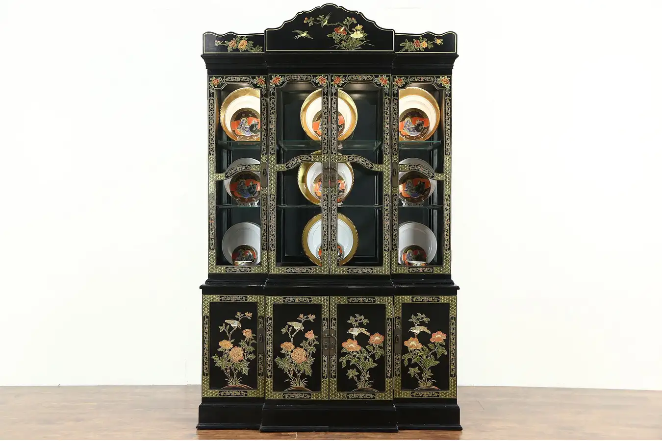 Main image of Chinese Hand Painted Lacquer Vintage Breakfront China Display Cabinet