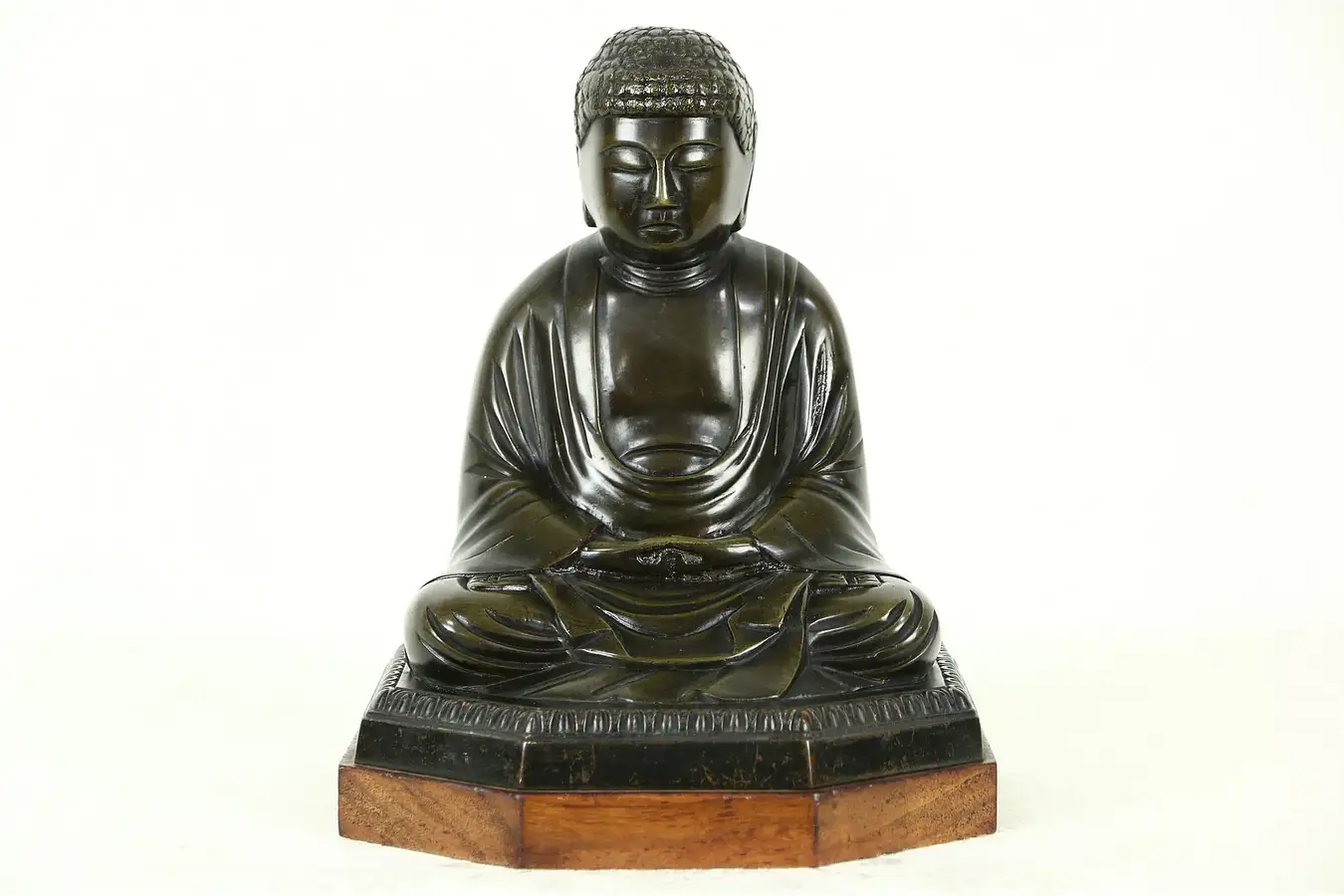 Main image of Bronze Statue of Buddha, 1920 Antique Chinese Sculpture, Mahogany Base
