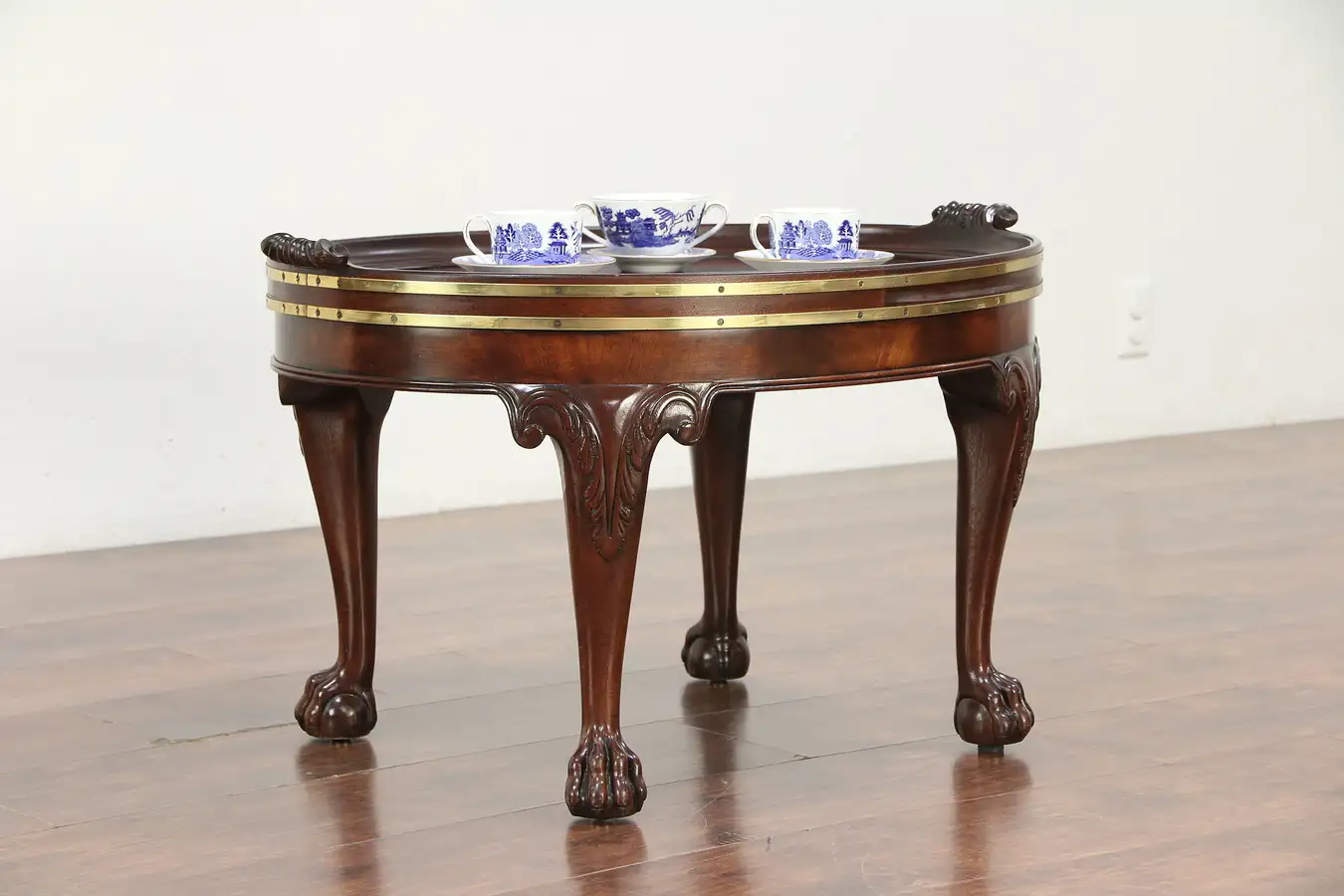 Main image of Baker Vintage Oval Coffee Table, Inlaid Marquetry Medallion, Paw Feet