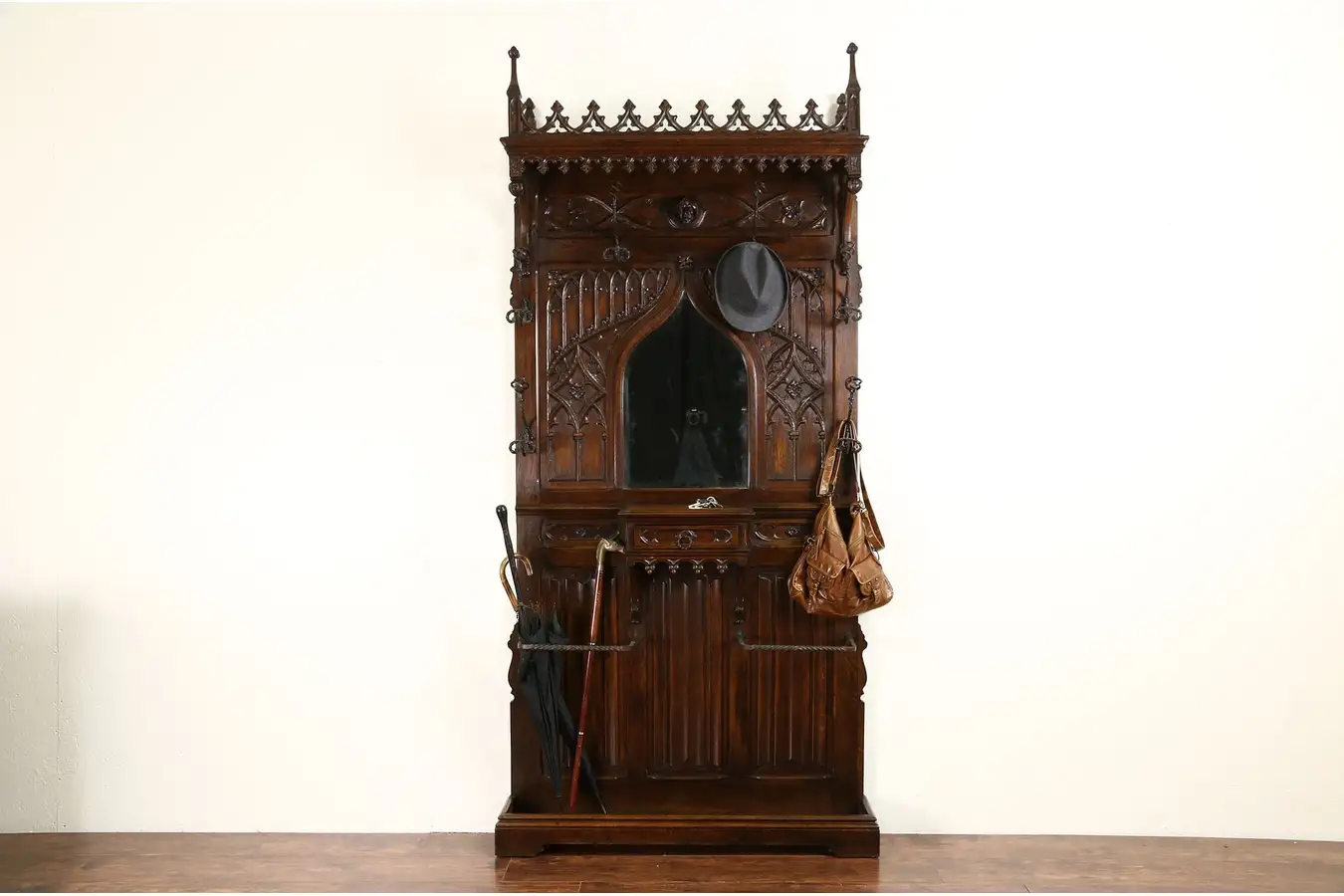 Main image of French Gothic 1875 Antique Carved Oak Hall Stand & Mirror, Wrought Iron Hooks