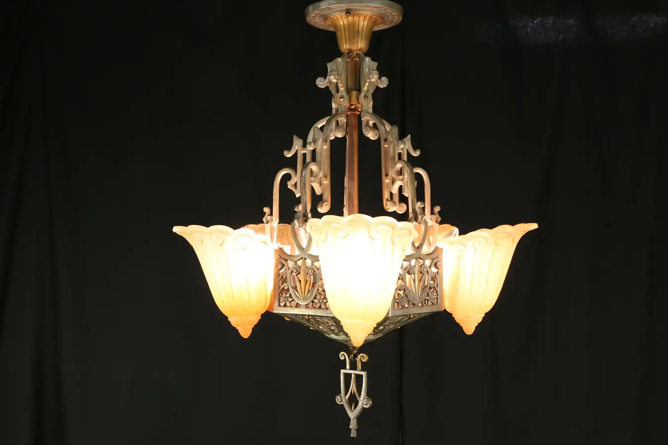 Main image of Art Deco Vintage Lincoln Chandelier 5 Light Fixture, Fleur de Lis Shades
