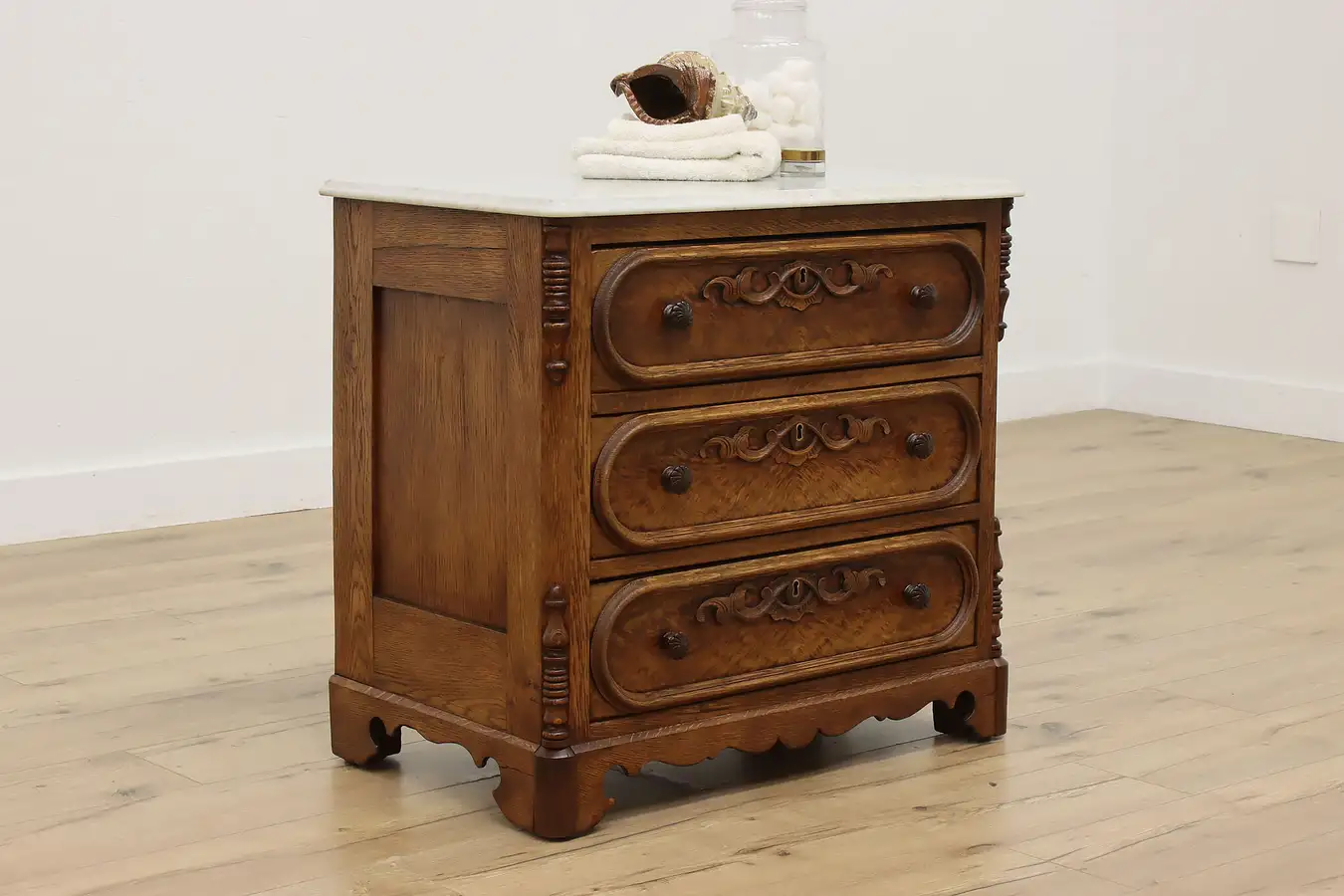 Main image of Victorian Antique Carved Oak & Marble Top Nightstand Chest