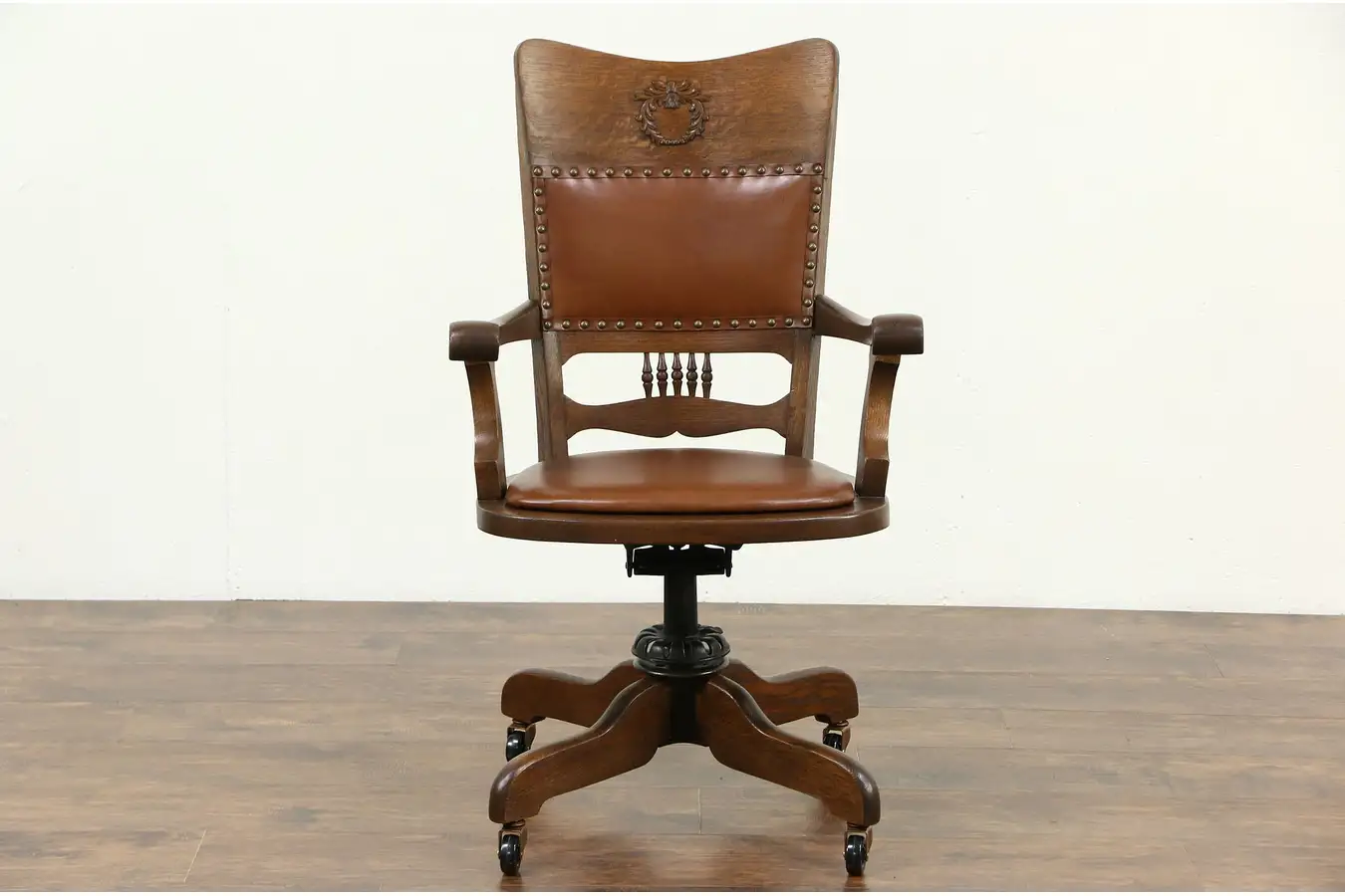 Main image of Oak & Leather Swivel Adjustable Antique Desk Chair, Signed Crocker Sheboygan