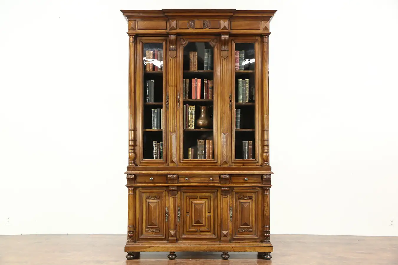 Main image of Victorian Antique Walnut 1875 Triple Library Bookcase, Wavy Glass, France