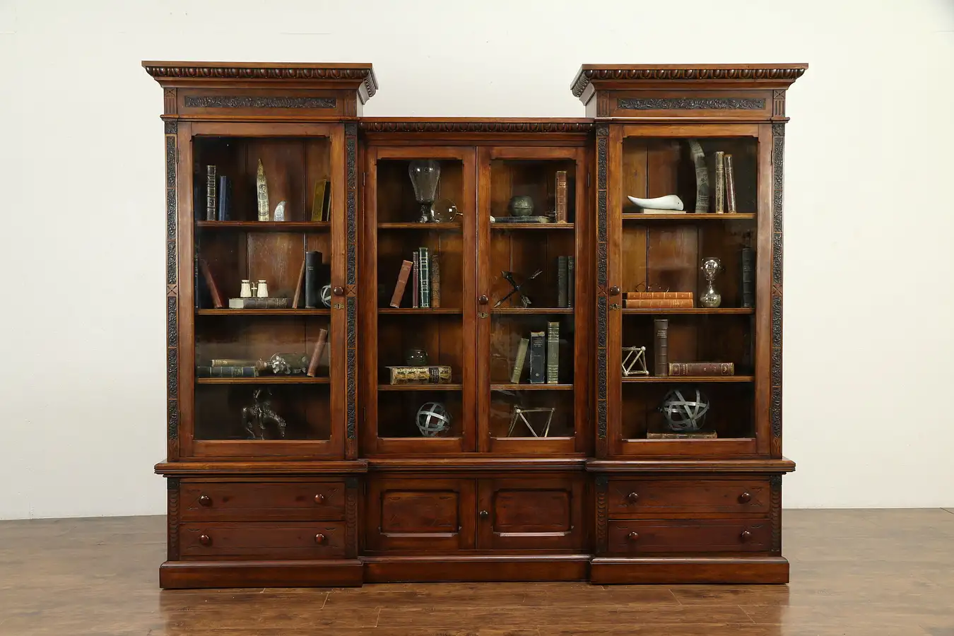 Main image of Victorian Eastlake 98" Antique 1870 Triple Bookcase, Wavy Glass Doors