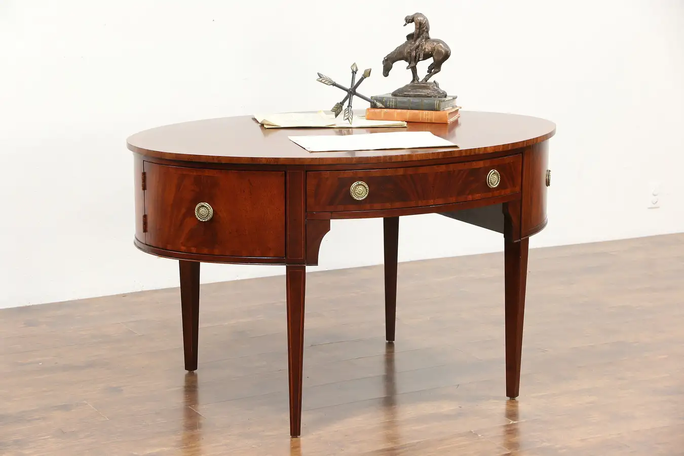 Main image of Partner Desk, Mahogany Vintage Oval Georgian Style, Signed Henredon