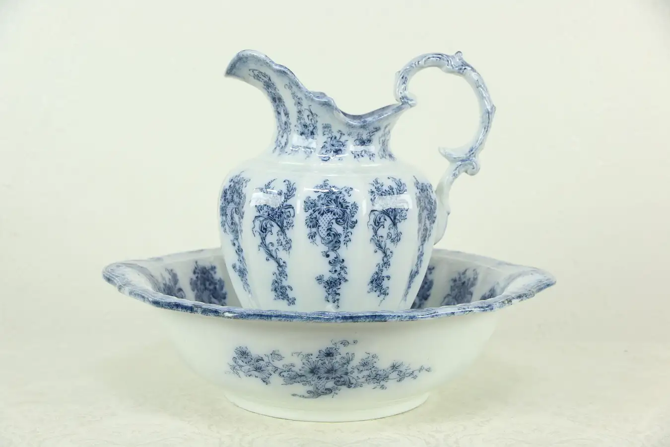 Main image of Flow Blue Antique Bowl & Pitcher Set, Signed Athena by Grindley, England