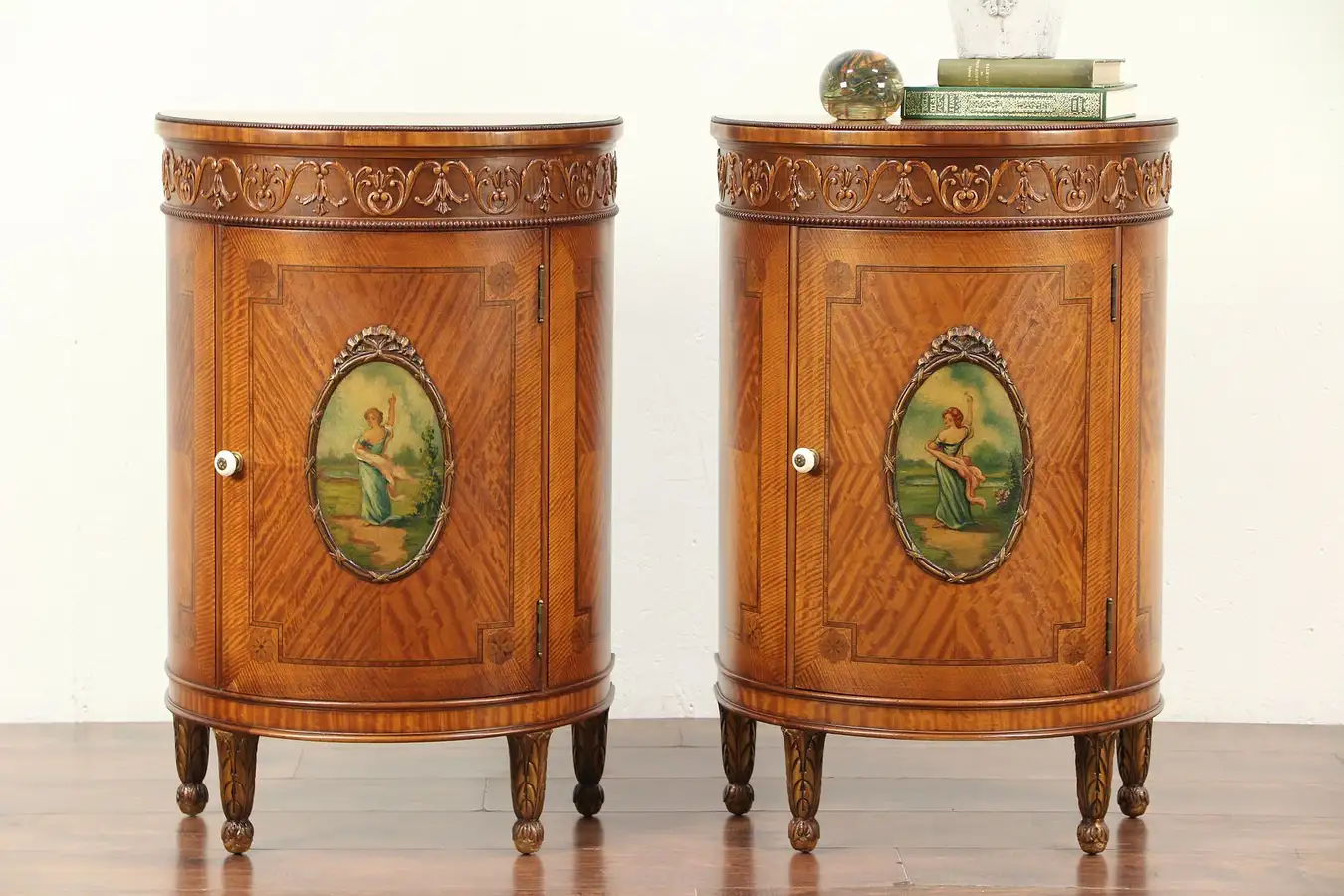 Main image of Pair Antique Satinwood Demilune Nightstands or End Tables, Hand Painted