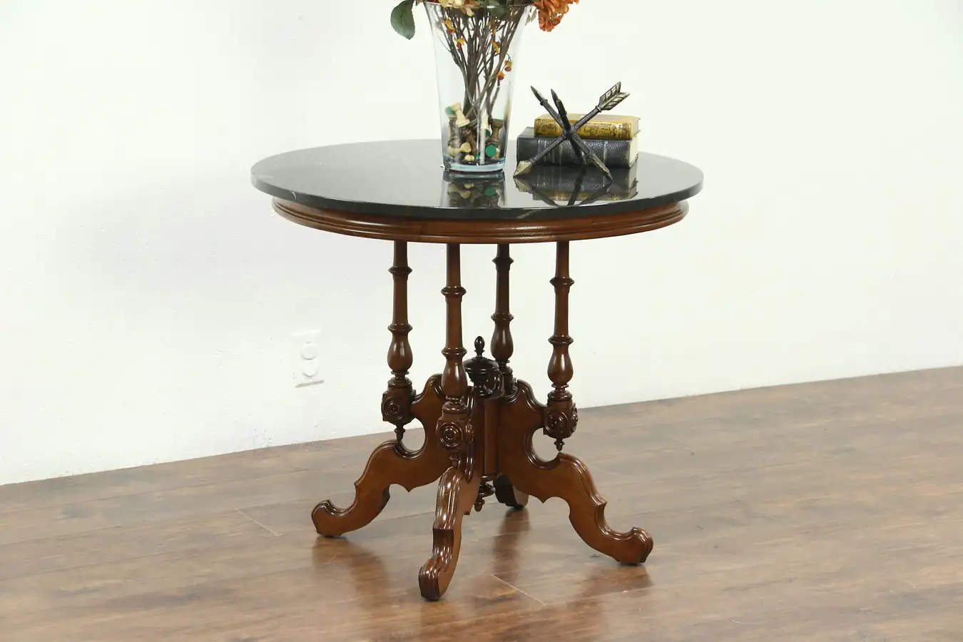 Main image of Victorian 1870 Antique Carved Walnut Lamp or Parlor Table, Cultured Marble Top