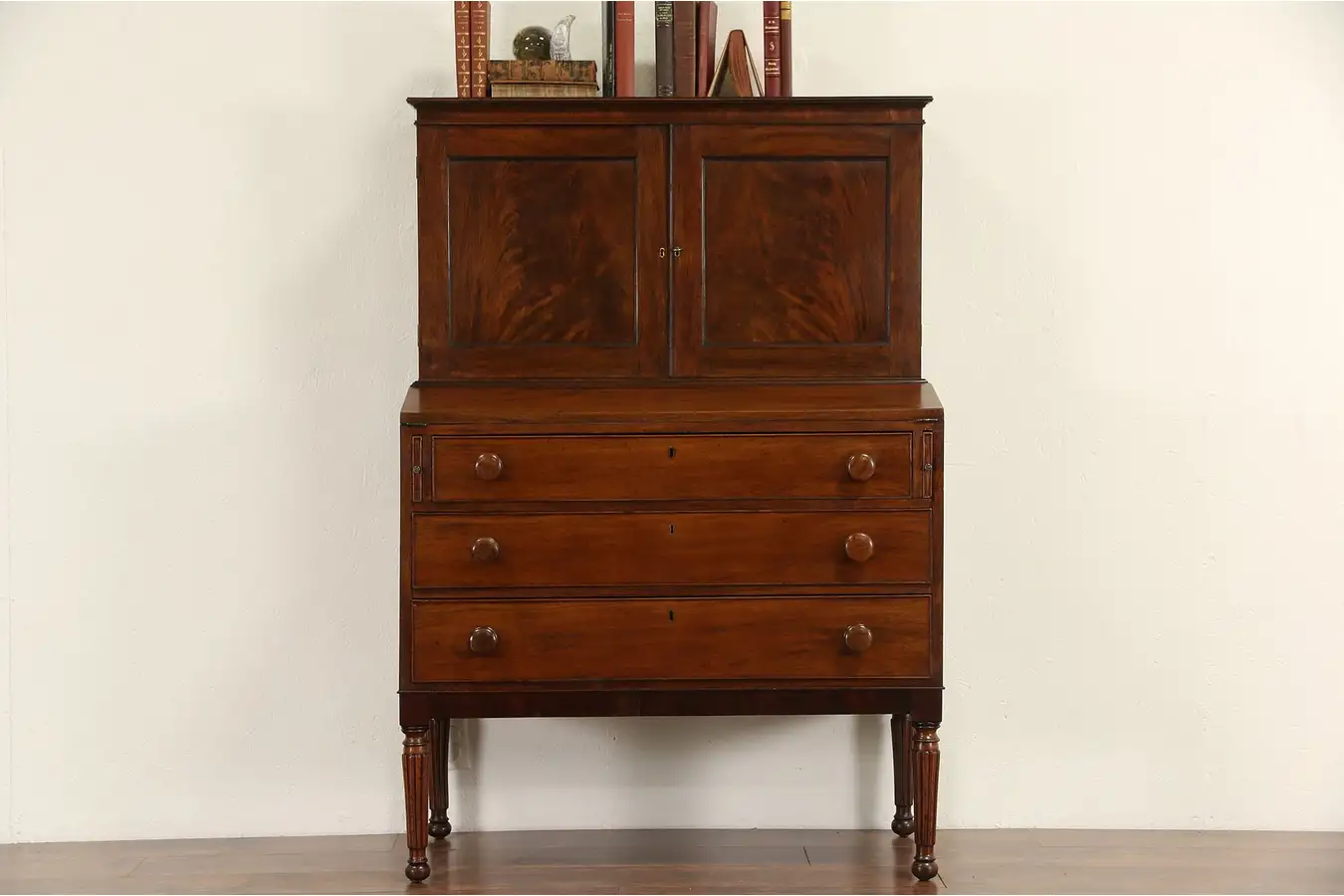 Main image of Sheraton 1830's Antique Mahogany Secretary Desk, Leather Top