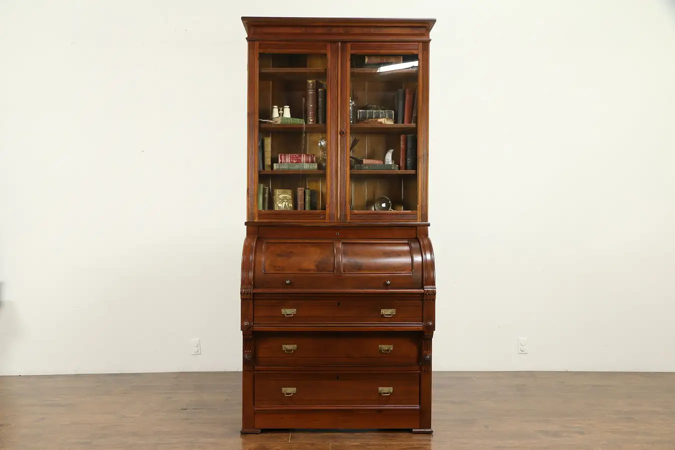 Main image of Victorian Eastlake Antique Cylinder Walnut Secretary Desk, Bookcase