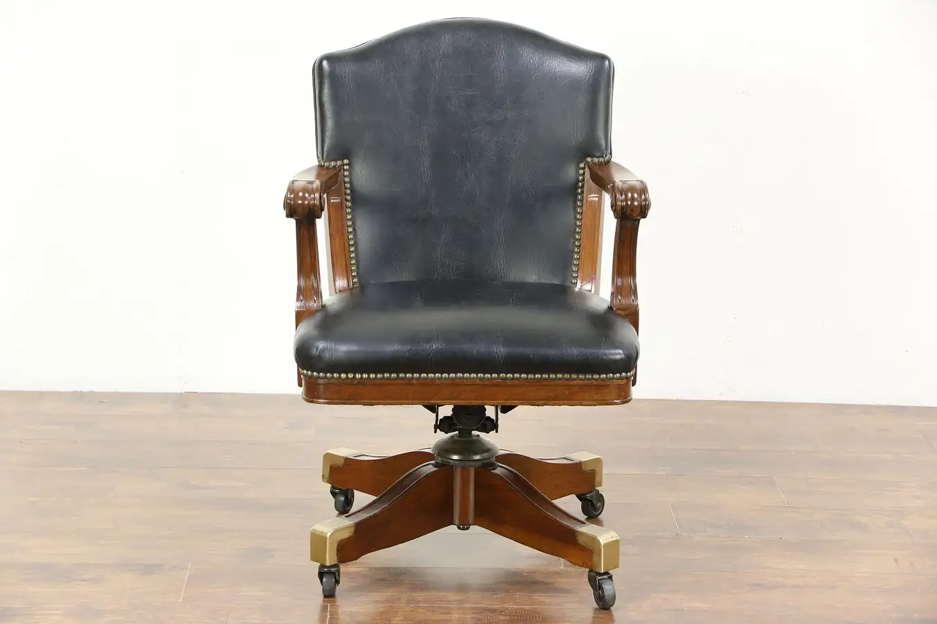 Main image of Walnut Swivel Adjustable 1915 Antique Desk Chair, Faux Leather
