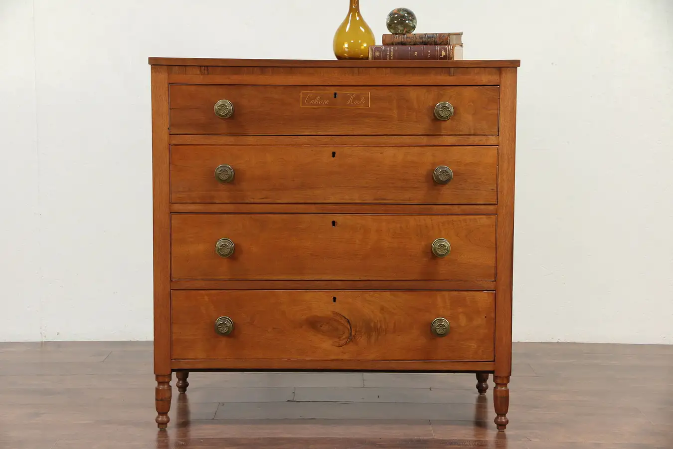 Main image of Sheraton Antique Country Walnut Chest or Dresser, Made for Cathrine Hooly