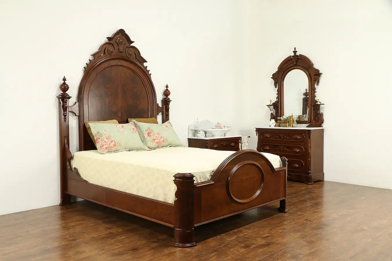 Main image of Victorian Antique Cherry & Mahogany Queen Size Bedroom Set, Marble Chests