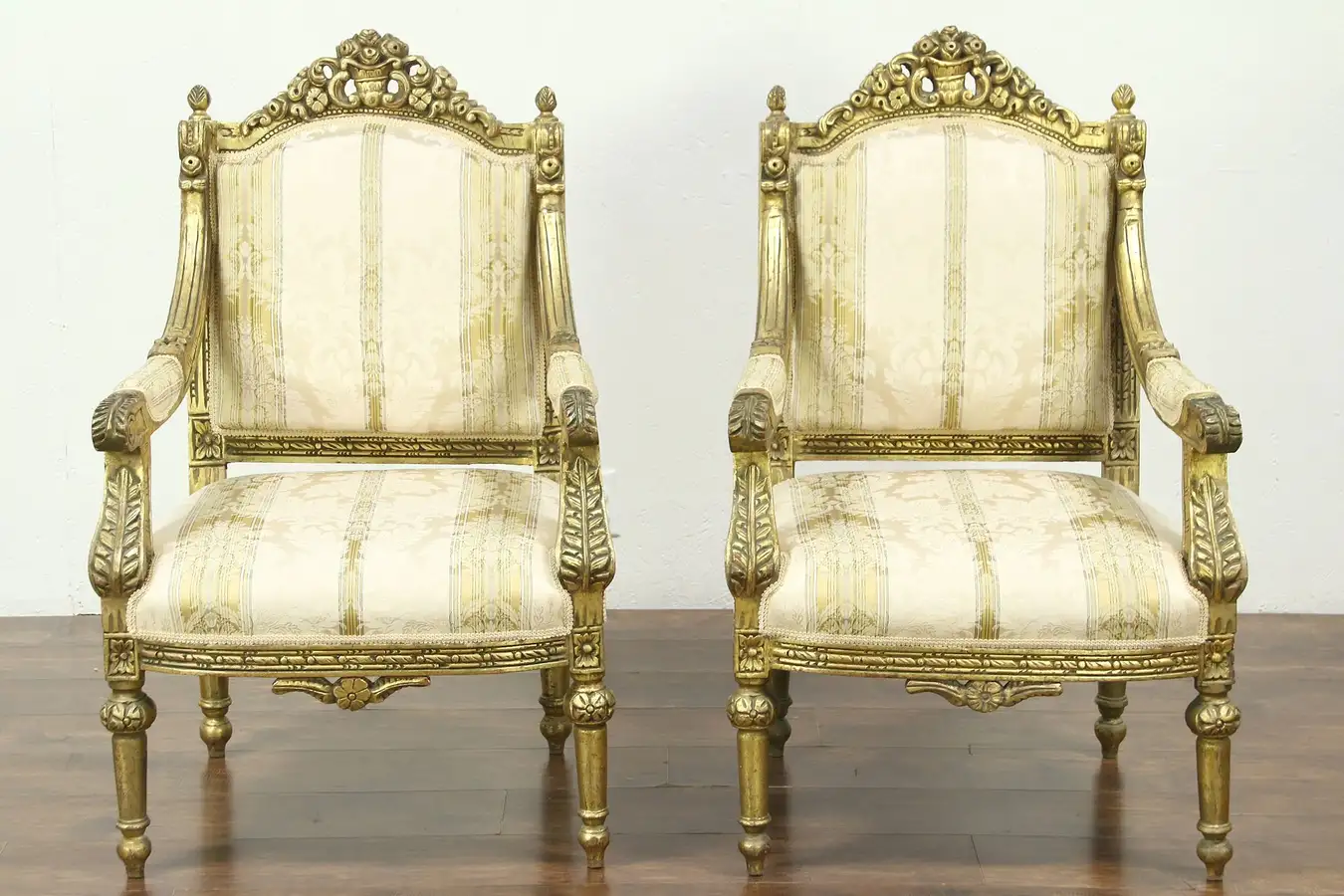 Main image of Pair of Carved Vintage Arm Chairs, Distressed Gold Finish