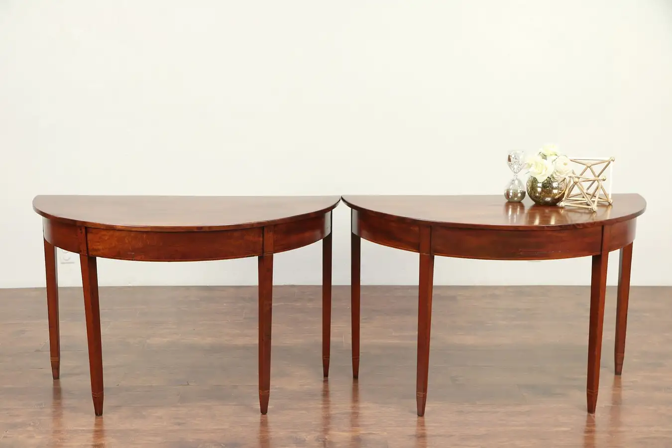 Main image of Pair of Demilune Antique 1910 Mahogany Hepplewhite Hall Console Tables