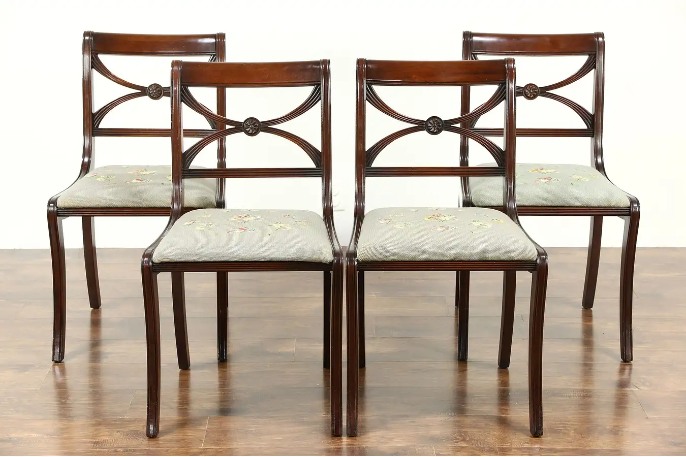 Main image of Set of 4 Traditional 1930 Vintage Dining Chairs, Mahogany & Needlepoint