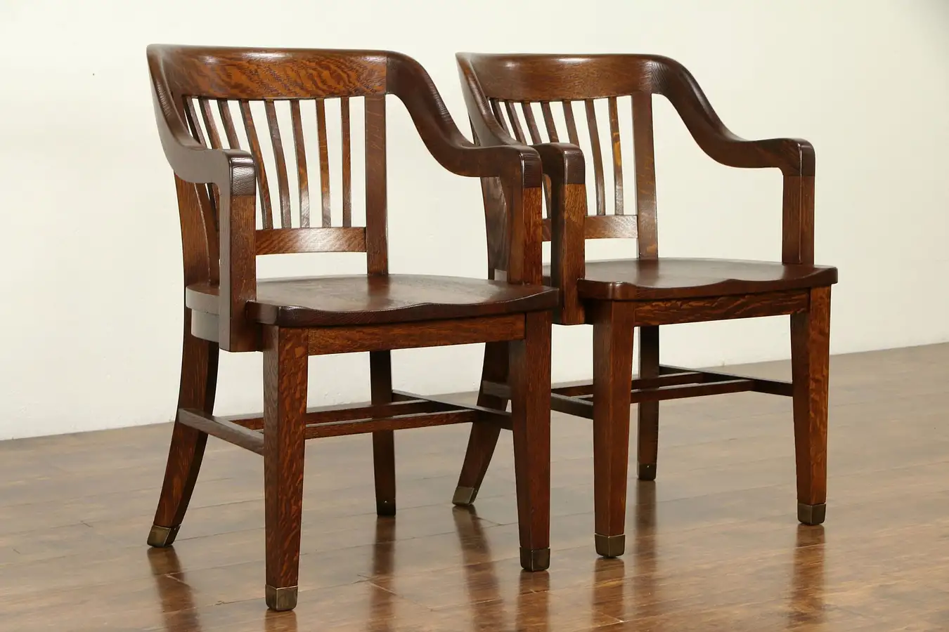 Main image of Pair of Quarter Sawn Antique Oak Banker, Office, Library Chairs, Crocker