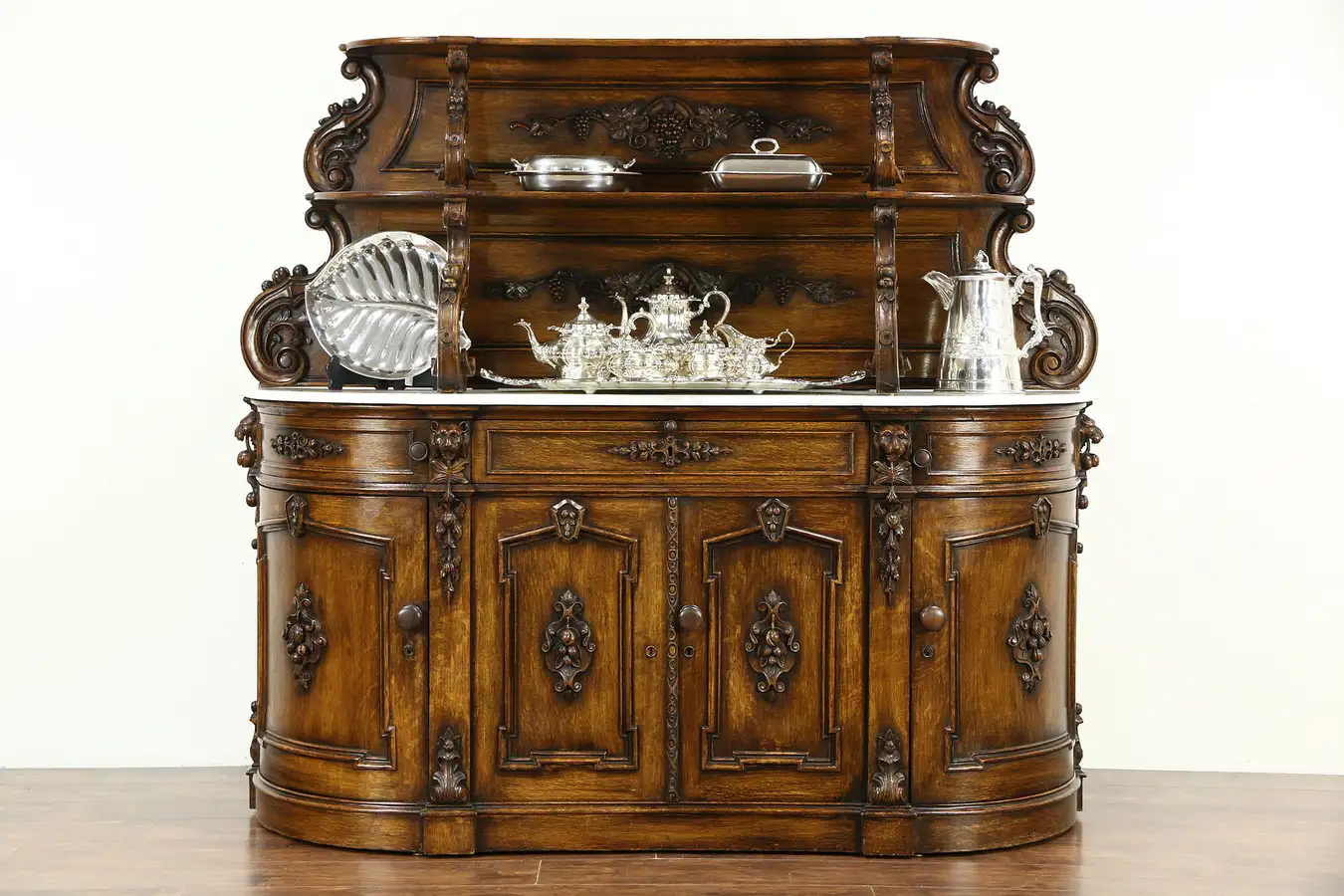 Main image of Victorian Renaissance Antique Oak Sideboard, Marble Top, Carved Lions & Grapes
