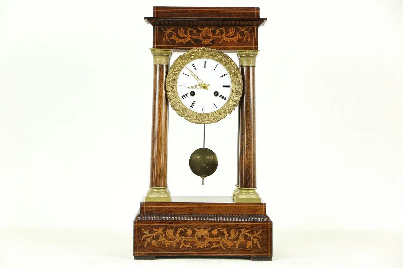 Main image of French Empire Antique 1870 Rosewood Marquetry & Bronze Pillar Clock