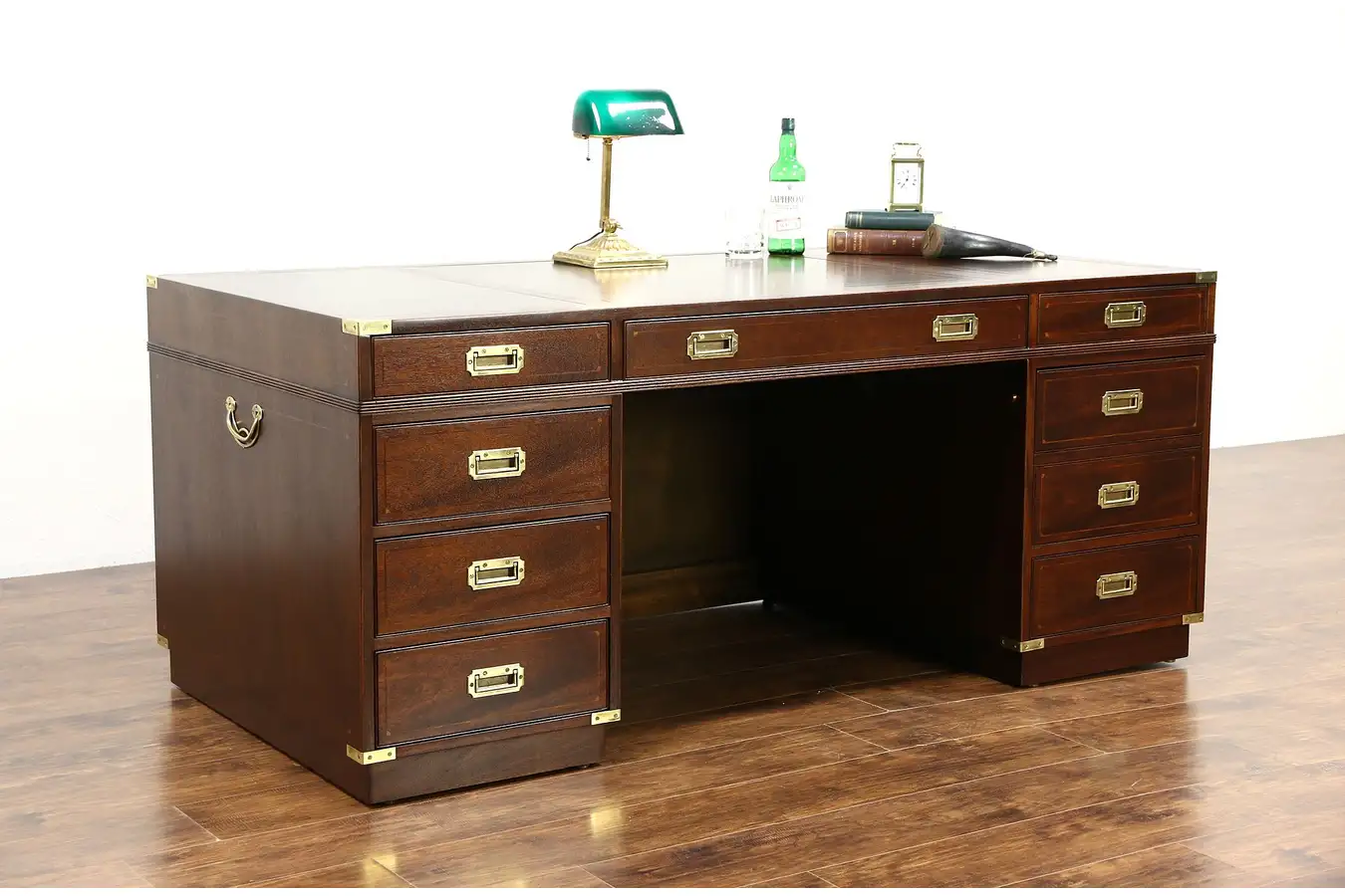 Main image of Kittinger Signed Executive or Library Vintage Campaign Desk, Gold Tooled Leather