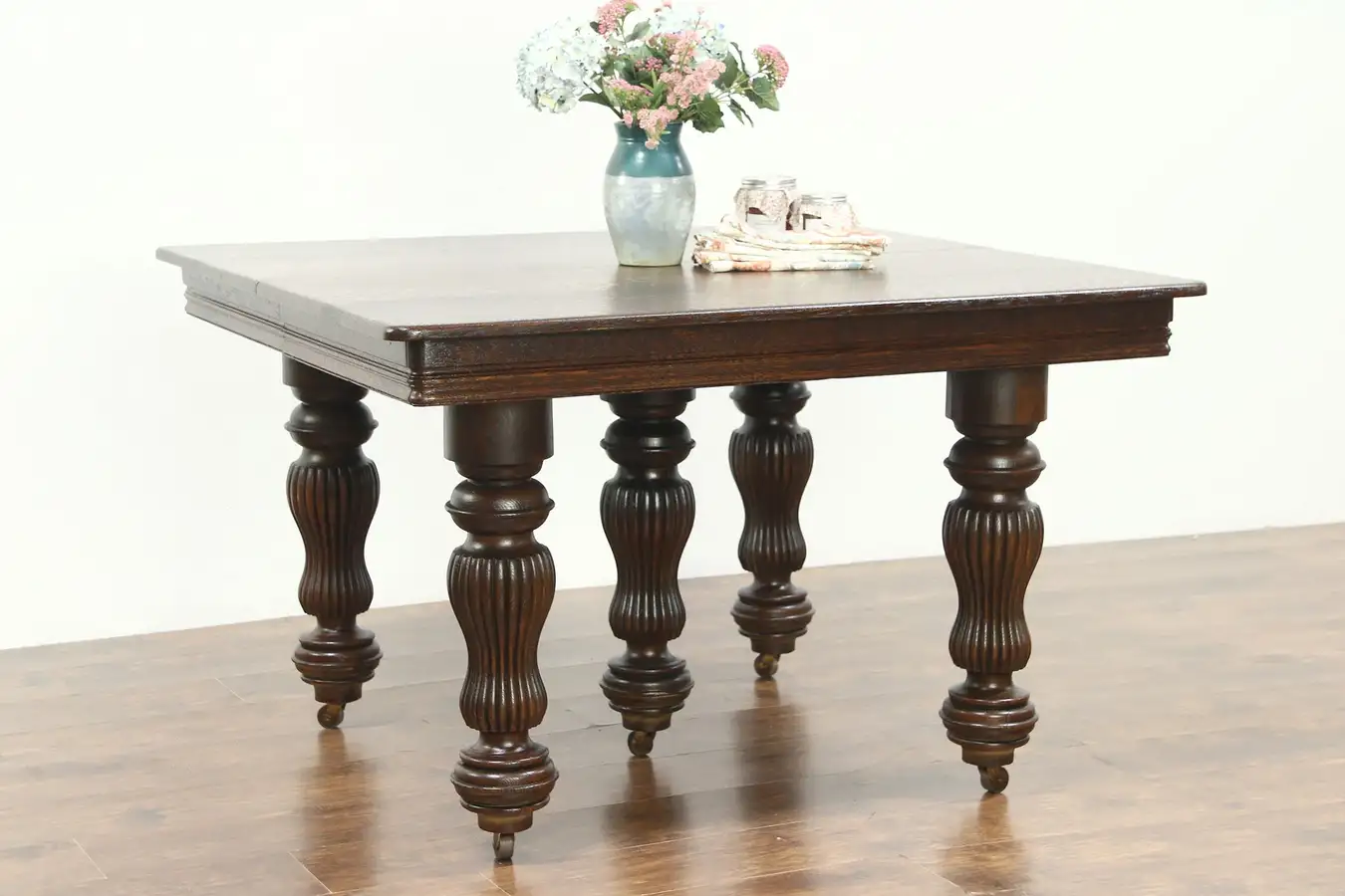 Main image of Victorian Antique Square Quarter Sawn Oak Dining Table, 6 Leaves, Extends 10'