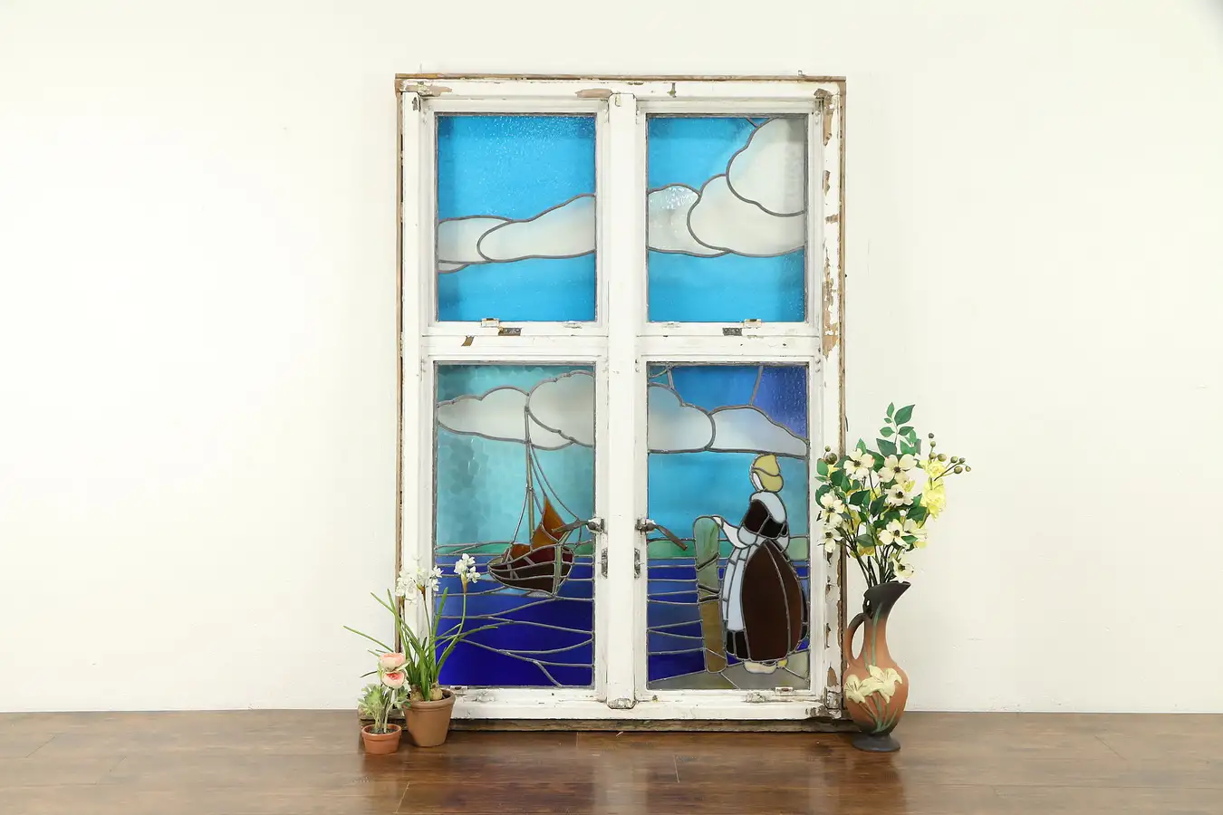 Main image of Dutch Scene Antique Architectural Salvage Leaded Stained Glass Window