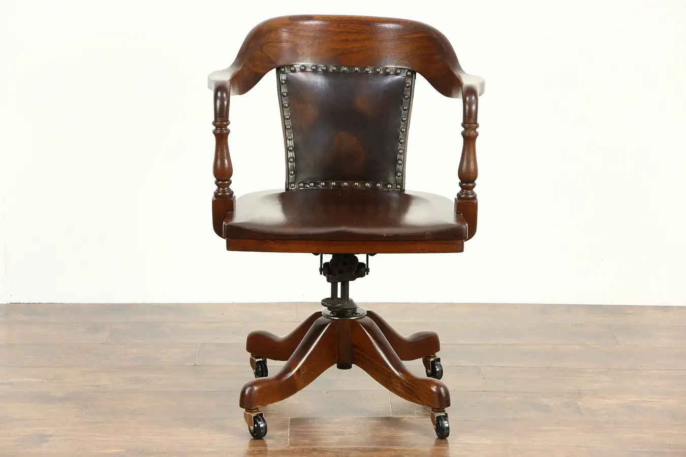 Main image of Swivel Adjustable 1910 Antique Walnut Desk Chair, Leather, Signed Taylor