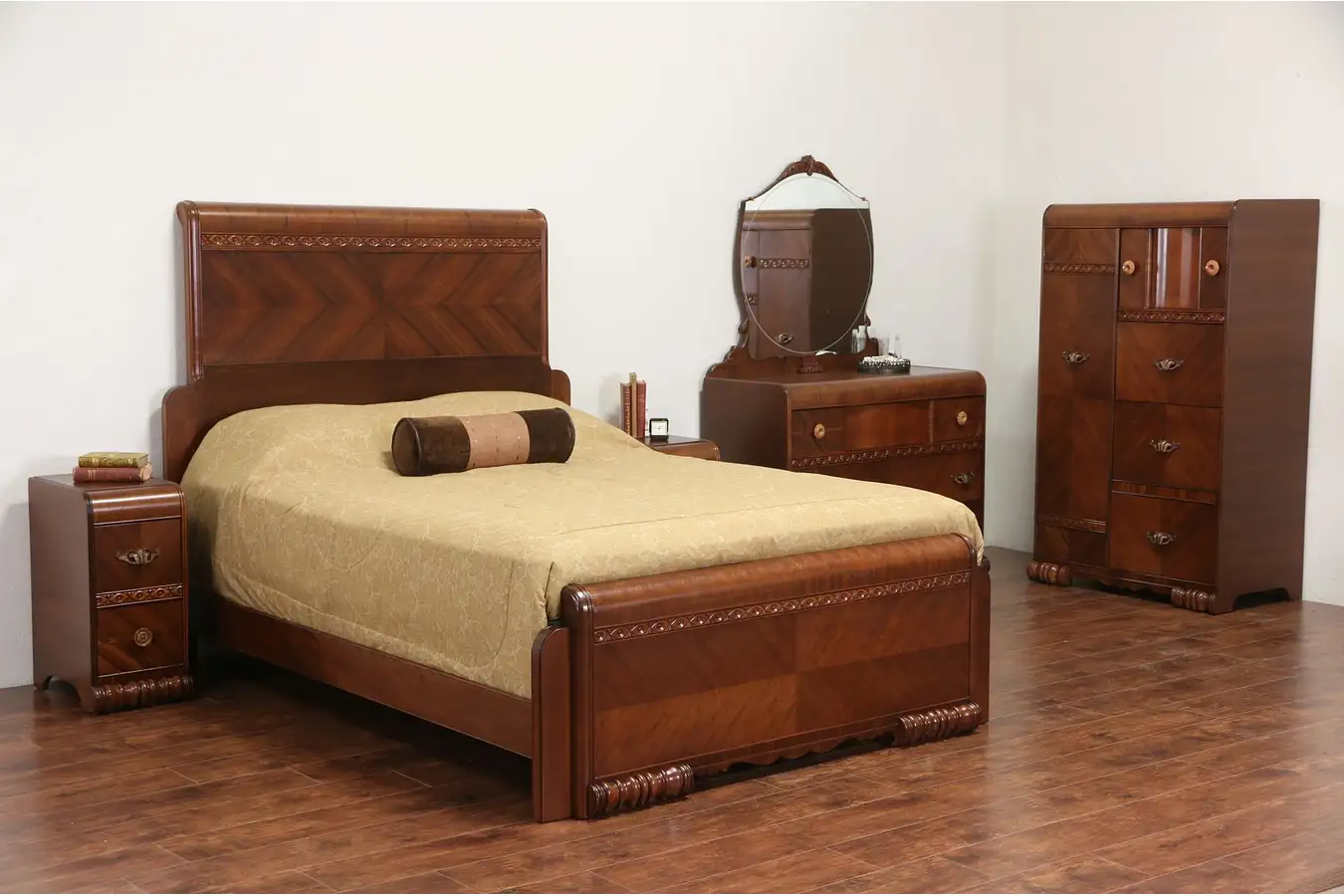 Main image of Art Deco 1935 Vintage Queen Size Waterfall 5 Pc. Bedroom Set With Nightstands