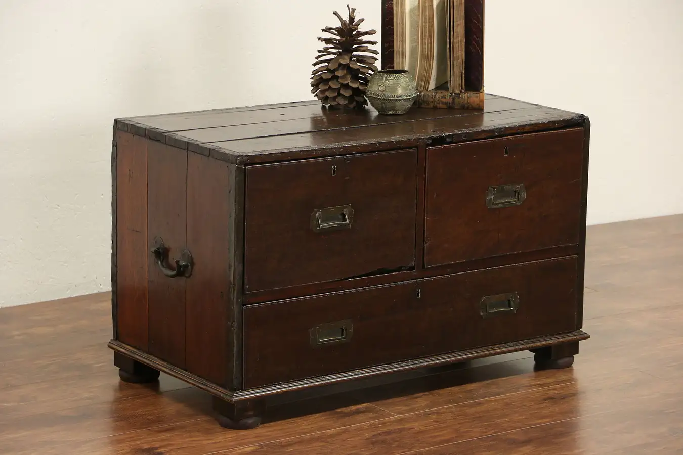 Main image of British India 1860's Antique Oak Officer Campaign Chest, 3 Drawer Coffee Table