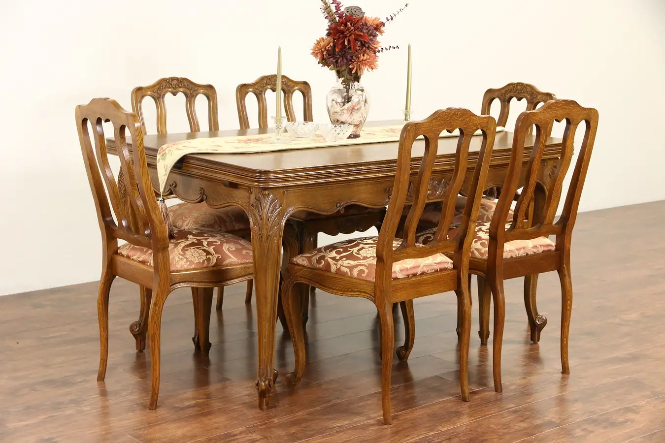 Main image of Country French Carved Oak 1940's Dining Set, Table 2 Leaves, 6 Chairs