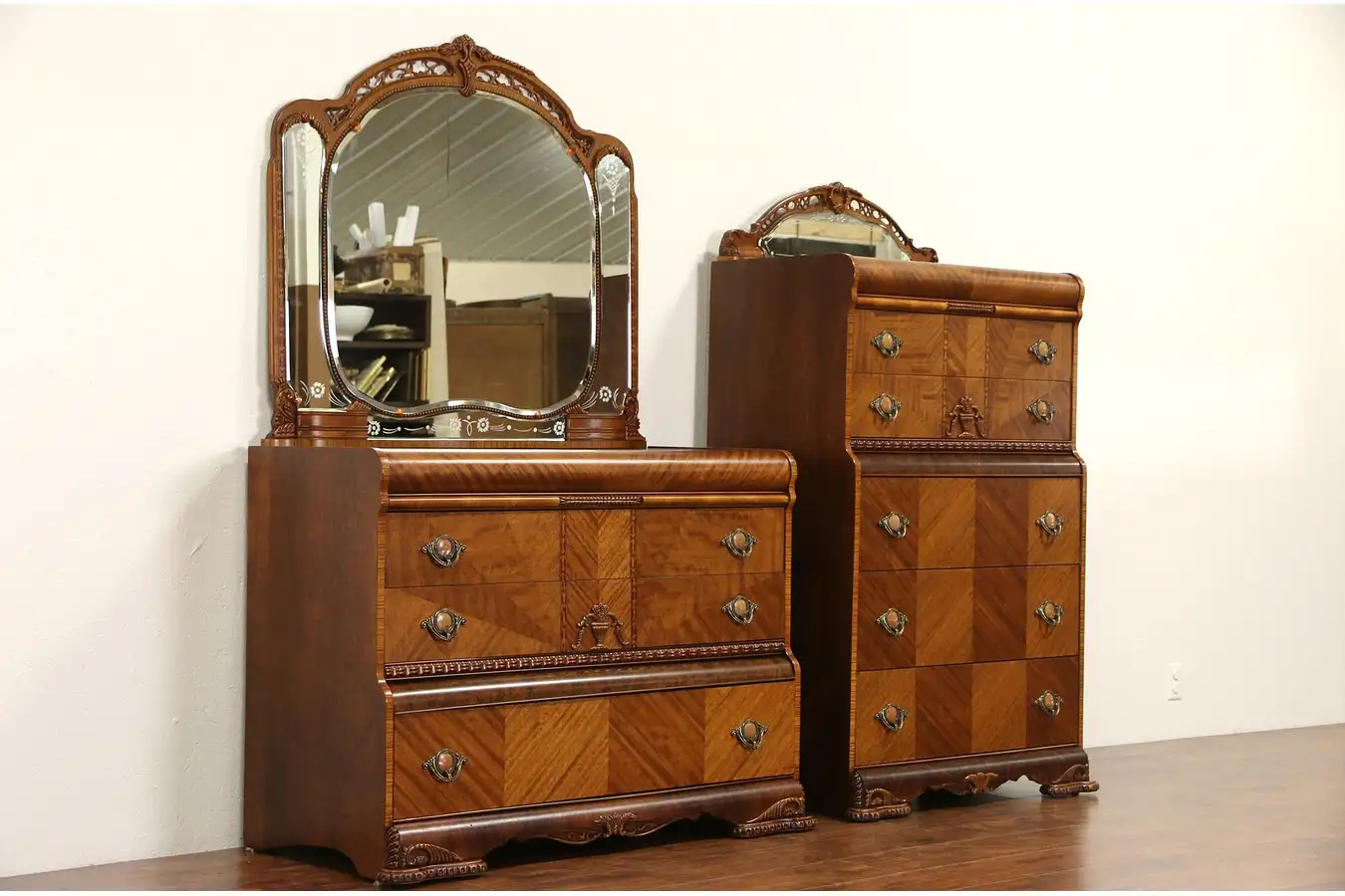 Main image of Pair Art Deco 1935 Vintage Waterfall Highboy & Dresser or Chest with Mirrors
