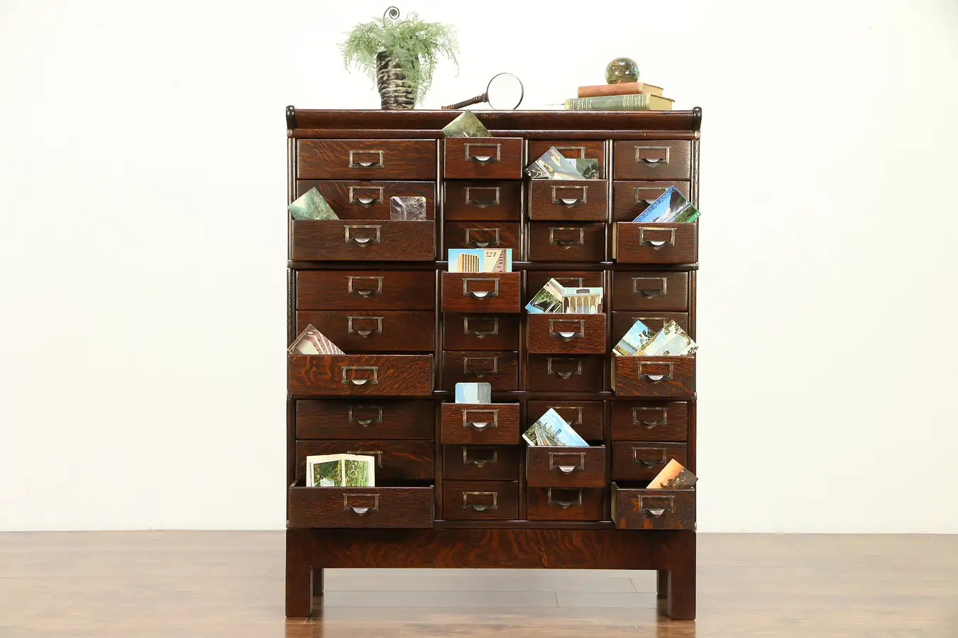 Main image of Oak Antique 1900 Stacking 36 Drawer Collector File Cabinet, Signed Globe