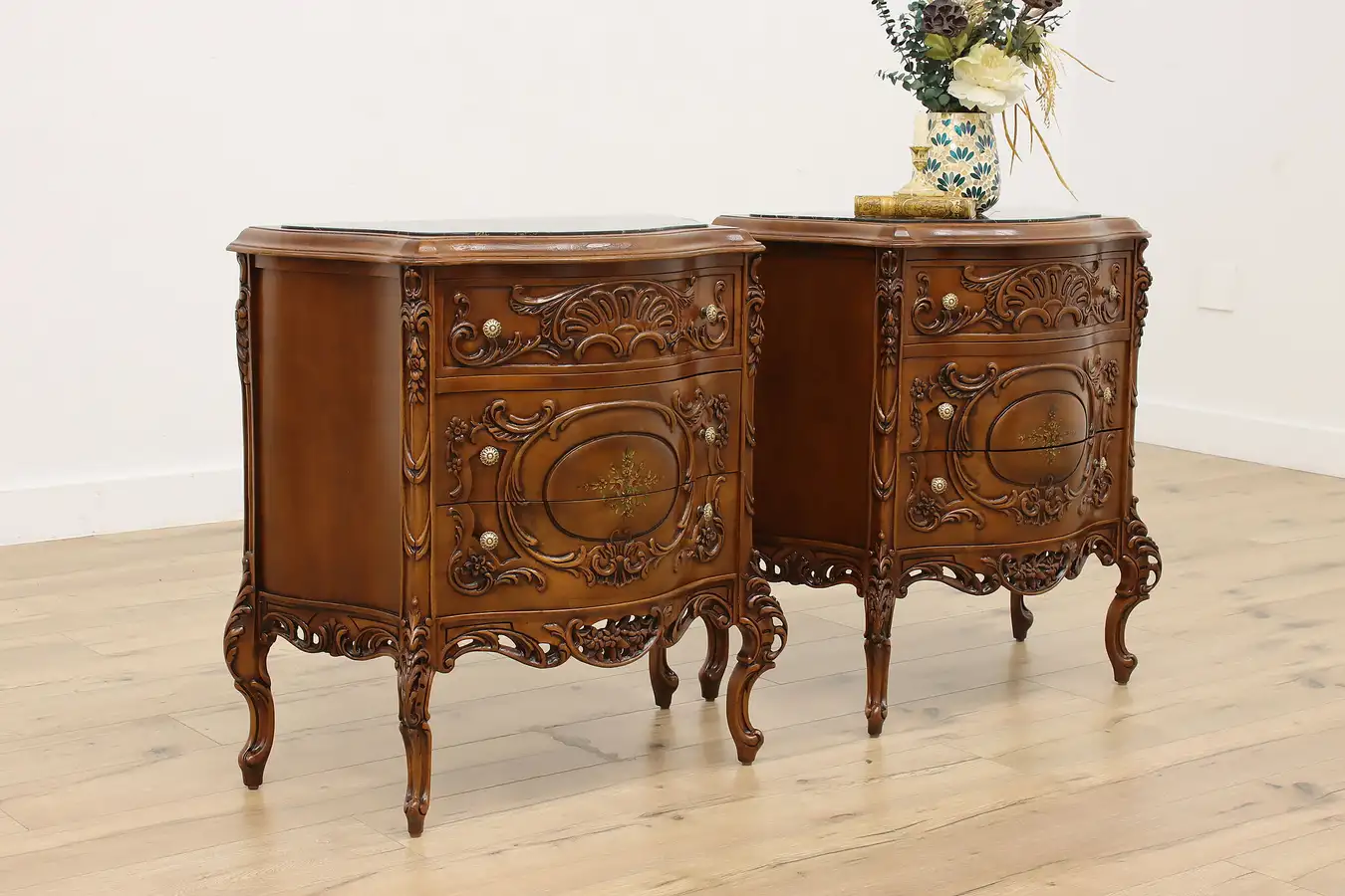 Main image of Pair of Vintage Nightstands End Tables Chests Marble Tops