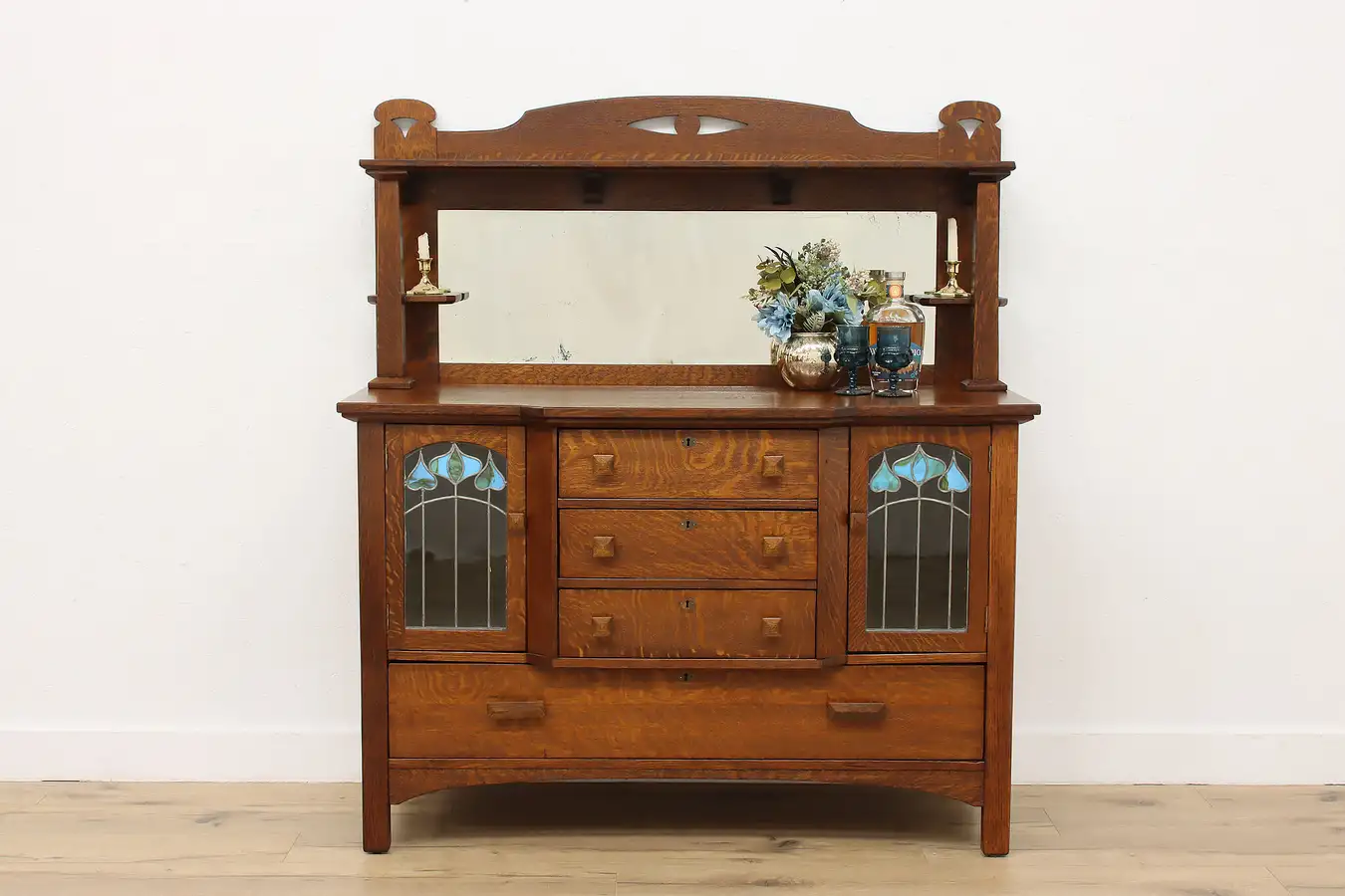 Main image of Craftsman Antique Stained Glass & Oak Sideboard Bar Cabinet