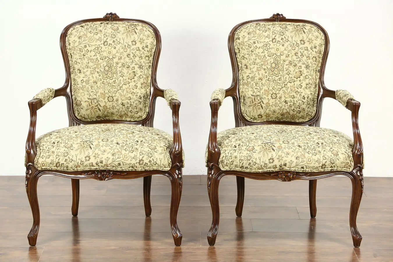 Main image of Pair French Style Carved Fruitwood Chairs, New Upholstery