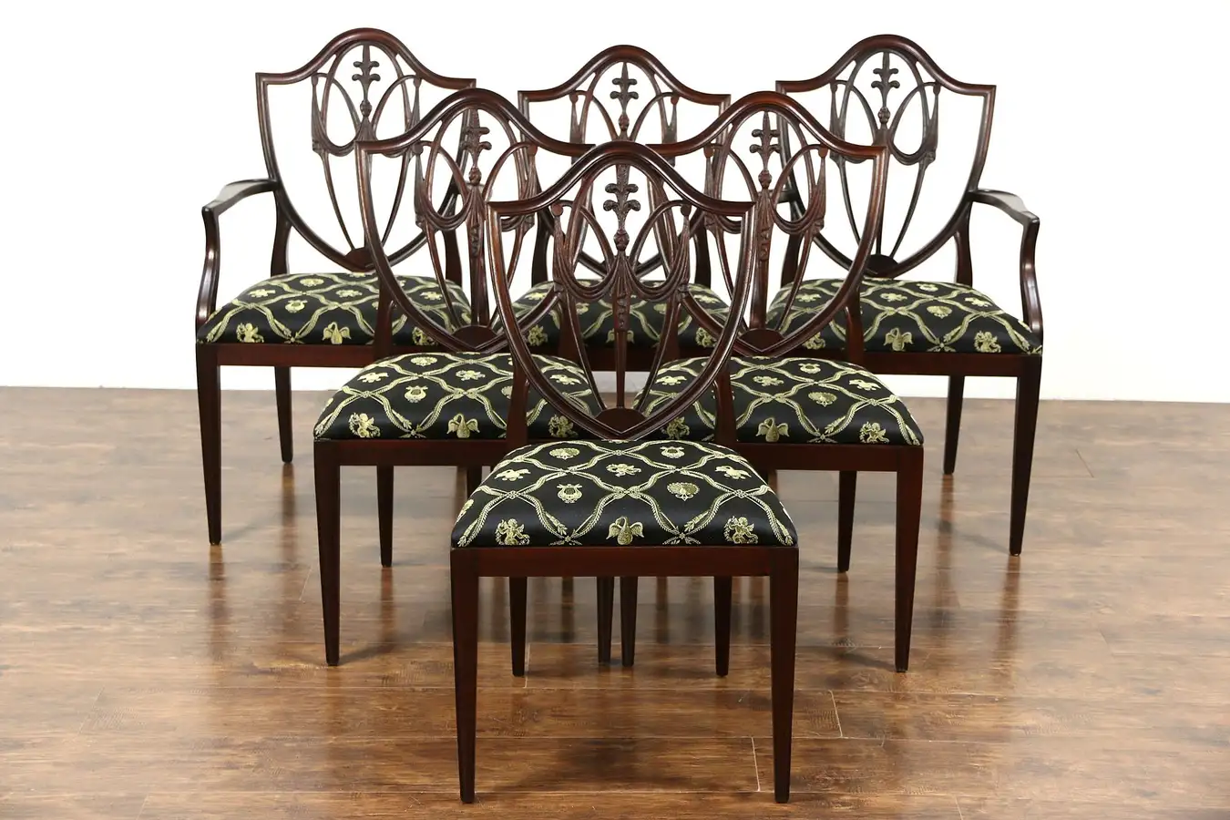 Main image of Set of 6 Traditional Shield Back Vintage Dining Chairs, New Upholstery