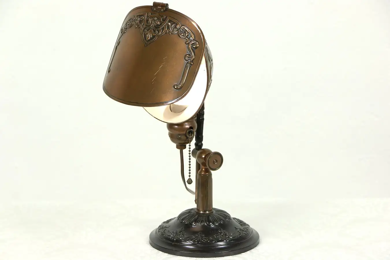 Main image of Lyhne Signed Antique Embossed Copper Desk Lamp with Shield, Pat. 1910