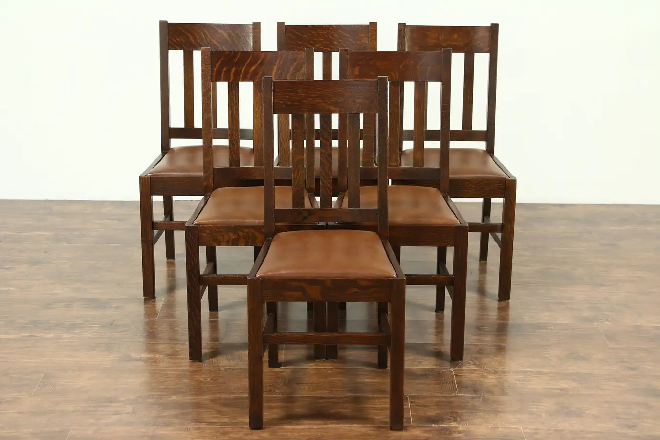 Main image of Set of 6 Arts & Crafts Mission Oak Antique Craftsman Dining Chairs Leather Seats