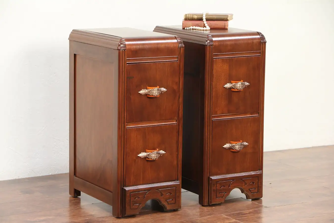 Main image of Pair of Art Deco Waterfall 1930 Vintage Nightstands, Bakelite Pulls