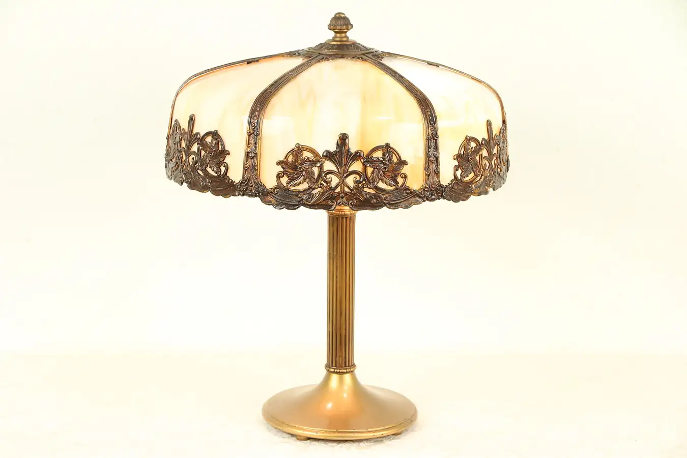 Main image of Fluted Base Antique Lamp, Curved Stained Glass 6 Panel Shade