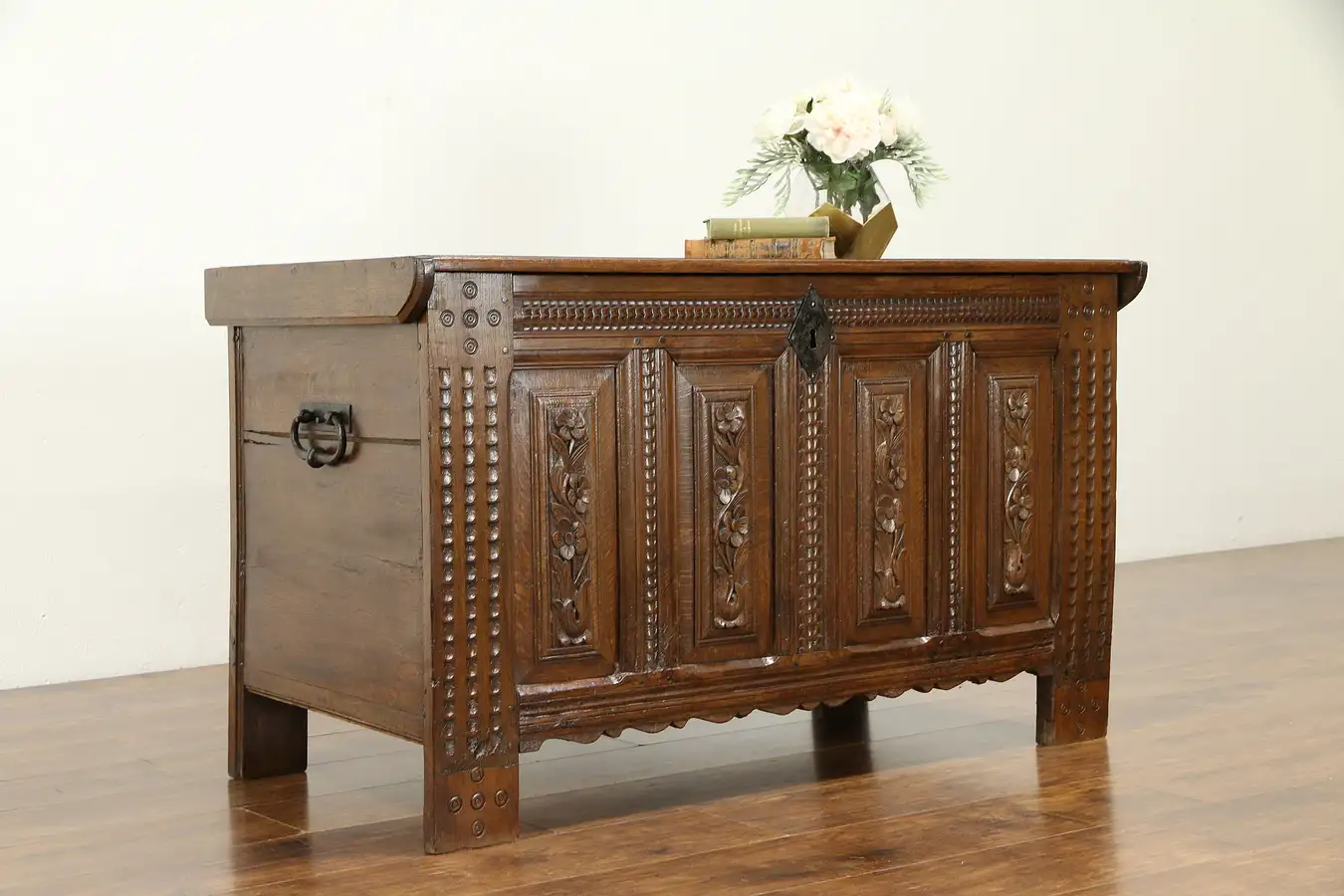 Main image of Oak Carved 1780 Antique Dutch Trunk, Dowry or Blanket Chest