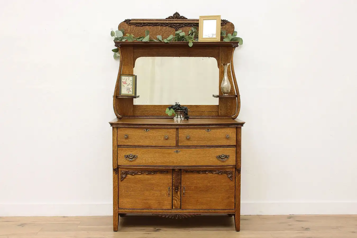 Main image of Victorian Antique Oak Sideboard Bar Cabinet Gallery Mirror