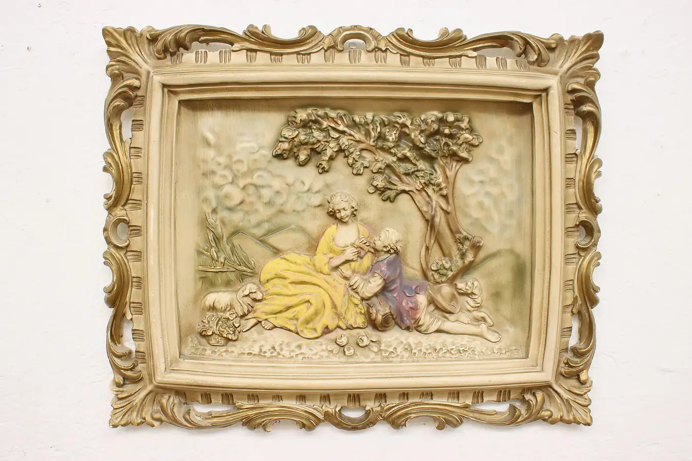 Main image of Courting Couple Vintage Hand Painted Ceramic Wall Plaque 22"