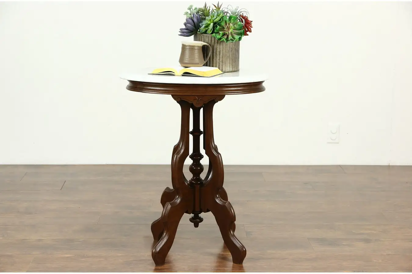 Main image of Victorian 1885 Antique Oval Marble Top Walnut Lamp or Parlor Table