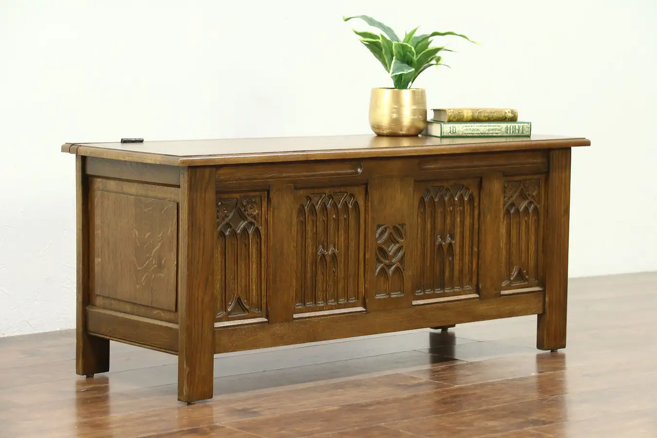 Main image of Gothic Carved Vintage Oak Bench, Trunk or Blanket Chest, Holland