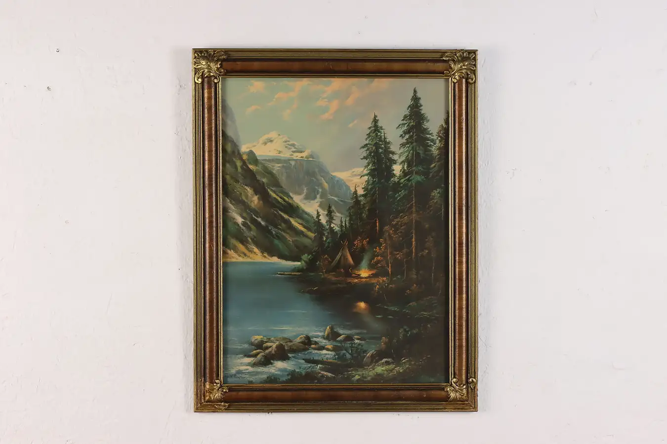 Main image of Cowboy Camping in Mountains Antique Art Print Thompson 18.5"